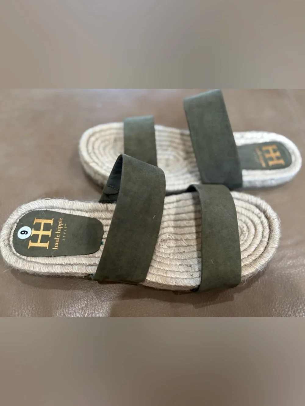 Haute Hippie boho Olive Suede Double-Strap Espadrille Slides size 9